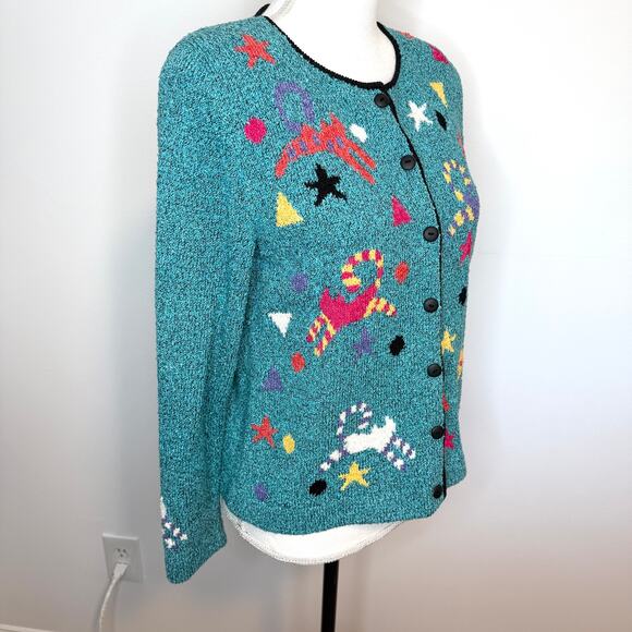 Vintage South Cotton Light 80s Cat Button Front Cardigan In Teal Size Small New - Picture 4 of 11